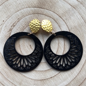 Black Laser Cut Plastic Hoop Clip On Earrings: Modern Gold Accent