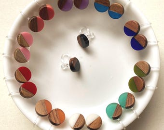 Walnut and resin invisible clip on stud earrings