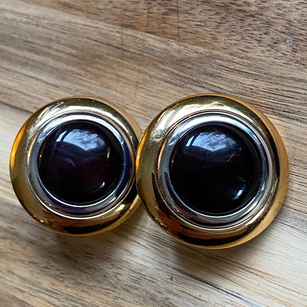 Vintage clip on black silver and gold plastic button earrings