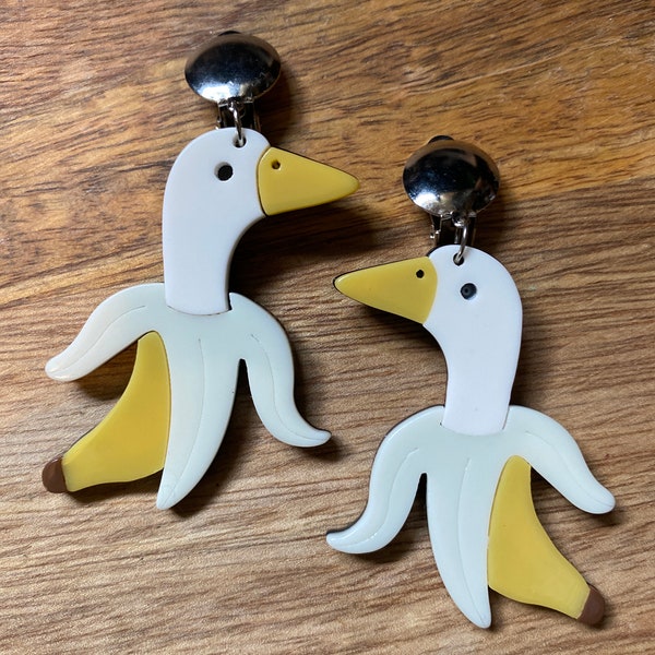 Plastic dangling banana/ bird clip on earrings,  no pierce duck/banana earrings, funny clip on earrings