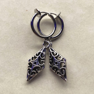 Adorable clip on spring hoop earrings with bronze or silver dangling diamond-shaped charm