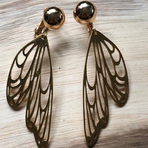 Dangling gold butterfly wing clip on earrings (screwback) | silver butterfly earrings