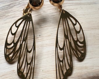 Dangling gold butterfly wing clip on earrings (screwback) | silver butterfly earrings