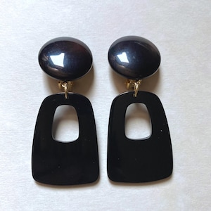 Black Geometric Hoop Clip On Earrings: Modern Dangle, Unpierced Ears