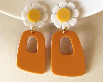 Adorable clip on dangling drop hoop earrings with daisy clips,  pastel floral ear clips