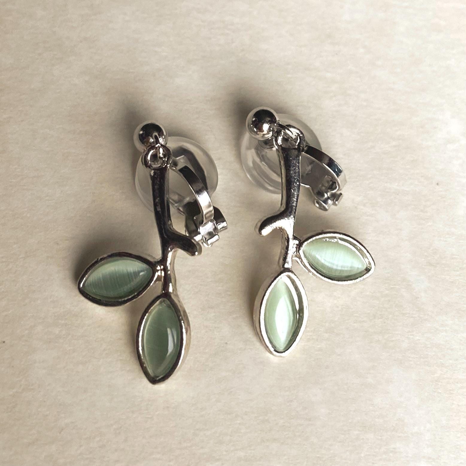 Dangling clip on green leaf earrings, small silver earrings for unpierced ears