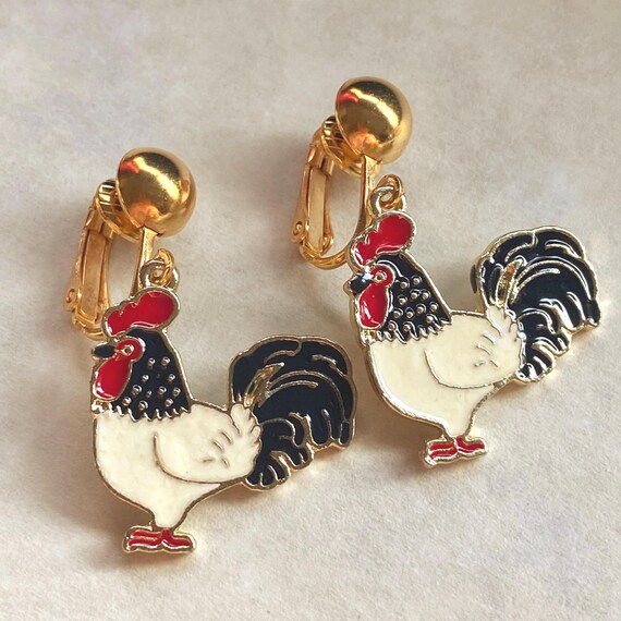 Clip On Barnyard Animal Earrings: Enamel Rooster & Cow Charms