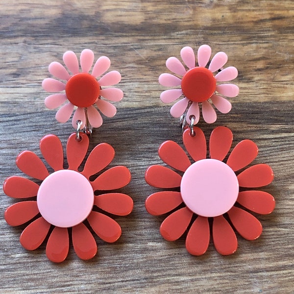 Dangling clip on earrings pink and coral daisies flowers (screwback)