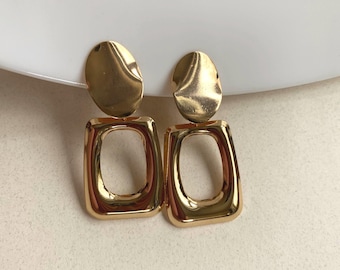 Clip on rectangular gold hoop earrings