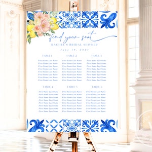 Gráfico de asientos para la despedida de soltera en color limón con azulejos azules, ella encontró su apretón principal, algo azul mediterráneo Positano Santorini Plantilla 231-10