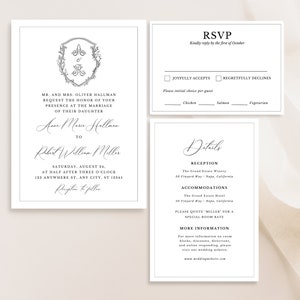 Monogram Wedding Invitation Template Set, Classic Wedding Crest, Printable Wedding Invitation Suite, Editable, Canva Instant Download