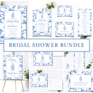 Franse toile-brunchbrunchbundel, iets blauws, stoffig blauw welkomstbord, receptenkaart chinoiserie-gemberpotje