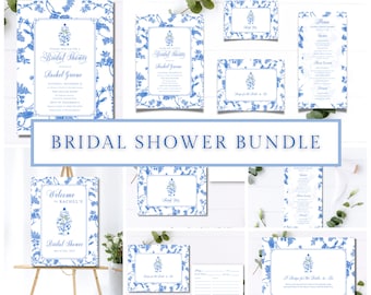 French Toile Brunch Bridal Shower Bundle, Something Blue, Dusty Blue Welcome Sign, Chinoiserie Ginger Jar Recipe Card