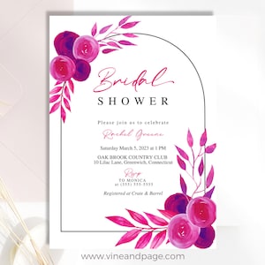 Hot Pink Bridal Shower Invitation, Purple Pink Floral Bridal Shower Invites, Blush Pink Fuchsia Magenta, Invitation Template, Floral