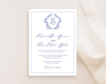 Invito di nozze vittoriano blu, con monogramma a stemma (modificabile su Canvas, download immediato)