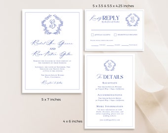 Monogram Wedding Invitation Template Set, Victorian Blue Wedding Crest Printable Wedding Invitation Suite, Editable Canva Instant Download