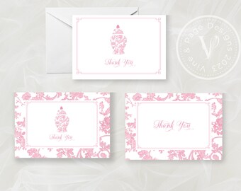 May include: Two thank you cards with a pink floral pattern and a pink porcelain vase design. The text "Thank You" is written in cursive on both cards.