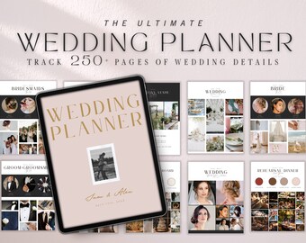 May include: A digital wedding planner with a pink cover and gold text that reads "Wedding Planner". The cover also includes a photo of a couple and the text "Jam & Alex". The planner is open to a page with a list of wedding details.