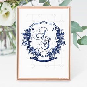 Custom Wedding Crest, Personalized Watercolor Logo for Wedding Stationery in blue and navy Flowers - Custom Monogram with Crest - 296