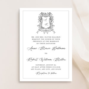 Monogram Wedding Invitation Template Set, Victorian Wedding Crest, Printable Wedding Invitation Suite, Editable, Canva Instant Download