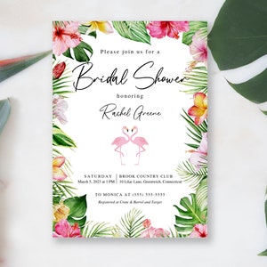 Tropical Bridal Shower Invitation with Pink Flamingo, Bohemian Invitation Template, Instant Download, Edit with Canva