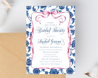 Floral Willow Chinoiserie Bridal Shower Invitation with Pink Ribbon, Printable Toile de Jouy Bridal Brunch Invite