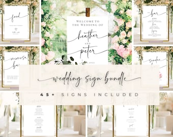 May include: A set of 45+ printable wedding signs in a bundle. The signs are in a minimalist style with black calligraphy text on a white background. The signs include a welcome sign, a bar sign, a food sign, a mimosa bar sign, a sundae bar sign, and a menu sign.