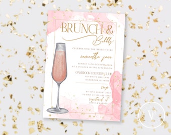 May include: A pink and gold watercolor invitation for a brunch and bubbly bridal shower for Samantha Jane. The invitation includes the date, time, and location of the event, as well as the RSVP information. The invitation is decorated with a glass of champagne.