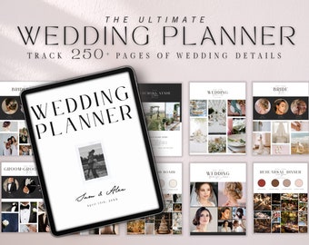 May include: A digital wedding planner with a black cover and white text that reads "Wedding Planner" and "Jasm & Alex" with the date "April 15th, 2024". The planner is open to a page with a grid of images showing different wedding details, such as the ceremony venue, the bride's dress, and the wedding cake.