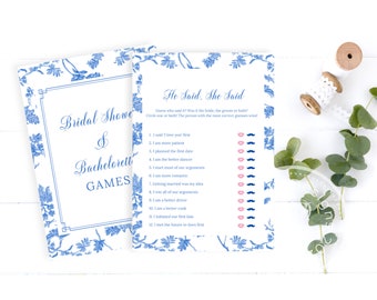 May include: A printable bridal shower and bachelorette game card with a blue and white floral design. The game is called "He Said, She Said" and asks players to guess who said it: the bride, the groom, or both. The card features a list of statements with a pink lipstick icon for the bride and a blue mustache icon for the groom.