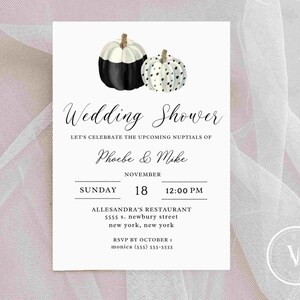 Fall Bridal Shower Invitation Template, Black and White Pumpkin Wedding Shower Download,  Couples Coed Shower, Editable on Canva,  277