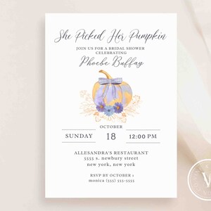 Fall Bridal Shower Invitation Template: Purple Pumpkin Floral (Editable on Canva)