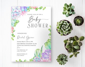 Greenery Succulents Baby Shower Invitation, Cactus Invitation Template and Instant Download, Edit with Canva