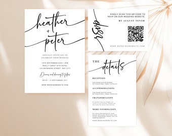 Minimalistische huwelijksuitnodigingssjabloon met QR-code (bewerkbaar op canvas, direct downloaden)