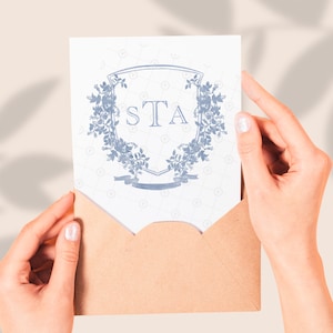 Custom Wedding Crest, Personalized Watercolor Logo for Wedding Stationery in dusty blue Flowers - Custom Monogram with Crest - 296