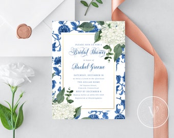 Chinoiserie Bridal Shower Invitation: Hydrangea Flowers, Something Blue (Printable)
