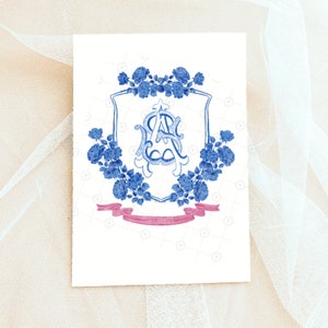 Custom Wedding Crest, Personalized Watercolor Logo for Wedding Stationery in blue and white Flowers - Custom Monogram with Crest - 296