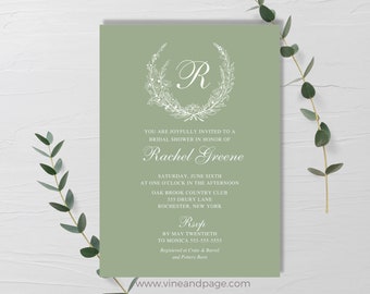 Sage Bridal Shower Invitation, Monogram Bridal Shower Template, Sage Green Bridal Shower Invite, Editable Printable Bridal Shower Invite