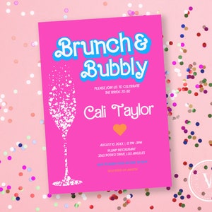 Brunch and Bubbly Invitation, Bridal Shower Printable Template Doll Theme, Hot Pink Downloadable Template, 256