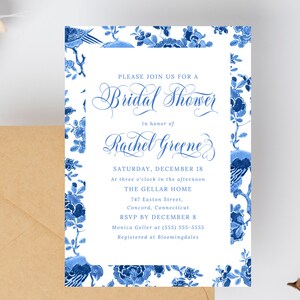 Something Blue Floral Willow Chinoiserie Bridal Shower Invitation, Coed Wedding Shower Invite, Brunch Bridal Shower Invite, Toile de Jouy