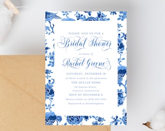 Something Blue Floral Willow Chinoiserie Bridal Shower Invitation, Coed Wedding Shower Invite, Brunch Bridal Shower Invite, Toile de Jouy