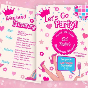 Doll Bachelorette Party Invitation and Itinerary Template, Bachelorette Weekend Invite, Malibu Barb Pink Hens Party Canva Template