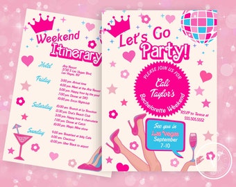 Malibu Barb Pink Bachelorette Party Invitation & Itinerary (Canva Template)