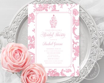 Dusty Pink Floral Bridal Shower Invitation: French Toile, Chinoiserie (Canva Download)