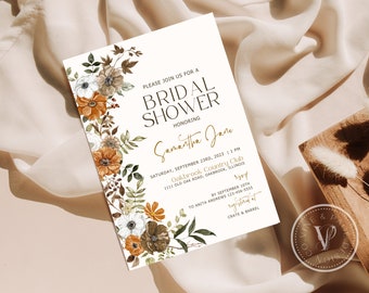 Rustic Floral Bridal Shower Invitation: Boho Fall Theme (Canva Template)