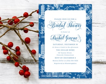 Floral Willow Chinoiserie Bridal Shower Invitation, Coed Brunch Bridal Shower Invite, Toile de Jouy
