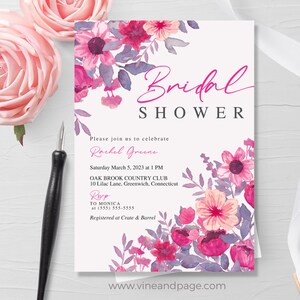 Hot Pink Bridal Shower Invitation, Purple Pink Floral Bridal Shower Invites, Blush Pink Fuchsia Magenta, Invitation Template, Floral