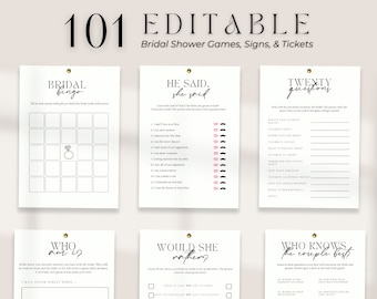 May include: A set of printable bridal shower games with black and white text on a white background. The games include "Bridal Bingo", "He Said, She Said", "Twenty Questions", "Who Am I?", "Would She Rather?", and "Who Knows the Couple Best?"
