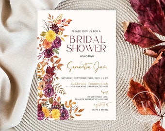 May include: A fall-themed bridal shower invitation with a watercolor floral design in shades of red, orange, and yellow. The invitation features the text "Please join us for a Bridal Shower honoring Samantha Jane" and details about the event, including the date, time, location, and RSVP information.