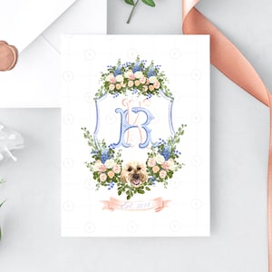 Custom Wedding Crest, Personalized Watercolor Logo for Wedding Stationery in pink with pet and Flowers - Custom Monogram with Crest - 296